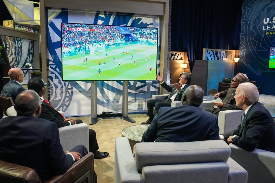 Buhari, Biden, Morocco Prime Minister watching the France-Morroco semi-final match (Photo)