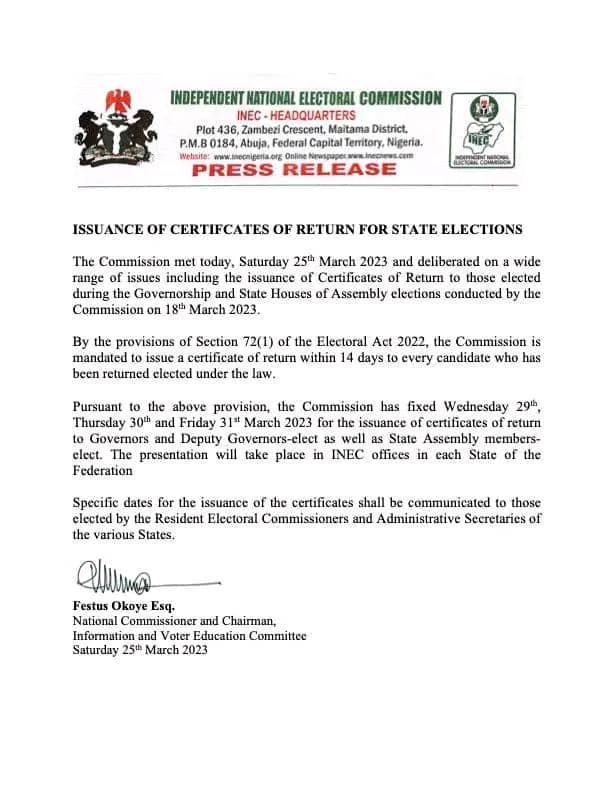 2023 Election: INEC to issue Certificates of Return to governors-elect, others from March 29